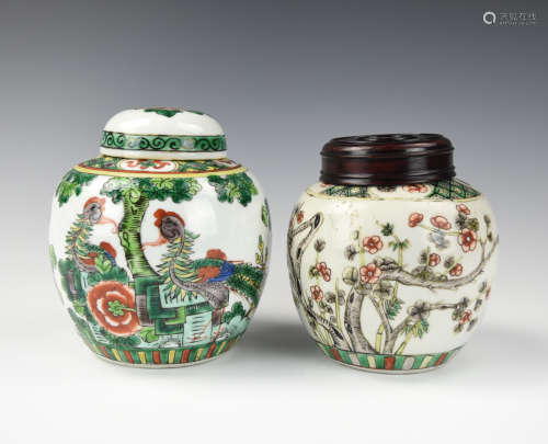 Two Chinese Wucai Jar w/ Flower & Bird, 19th C.