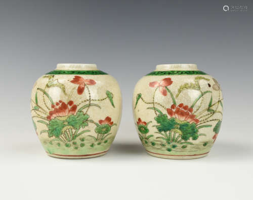 Pair Chinese Famille Verte Ge Glazed Jars,19th C.