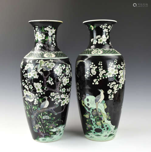 Pair Chinese Sancai Glazed Vase w/ Prunus, 19th C.