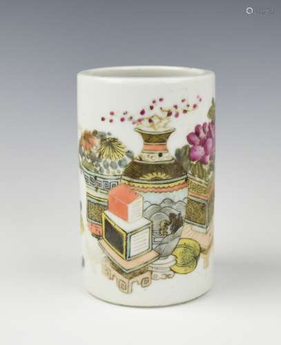 Chinese Famille Rose Brushpot w/ Antiques, 19th C.