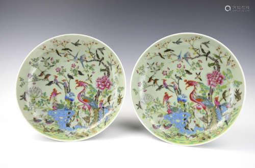 Pair Chinese Celadon Famille Rose Plates, 19th C.