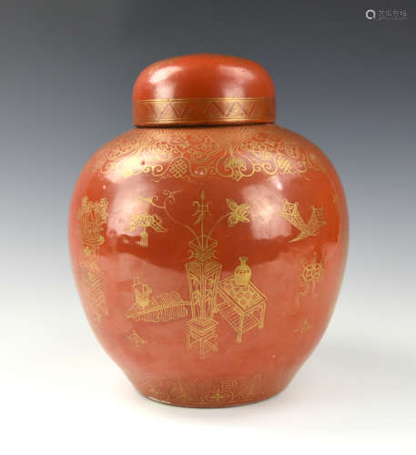 Chinese Coral Ground Jar with Gilt Antique,19th C