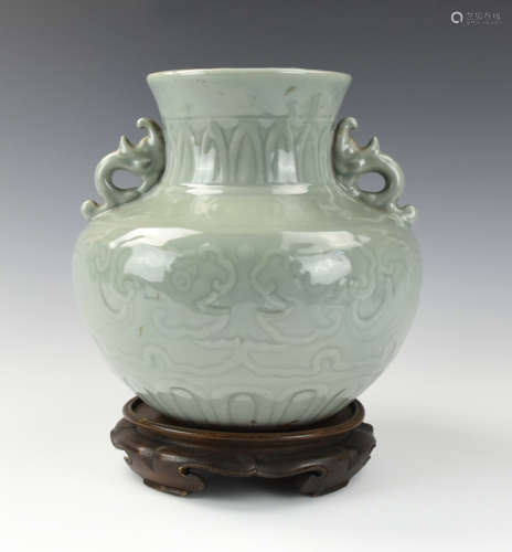Chinese Celadon Glaze Jar w/ Dragon Handle, 19th C