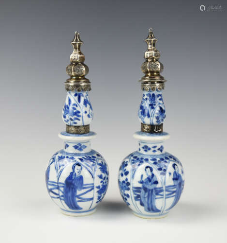Pair Chinese B & W Gourd Vase w/ Figures, Kangxi P