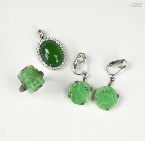 Group of Chinese Jadeite Necklace, Ring, Earring
