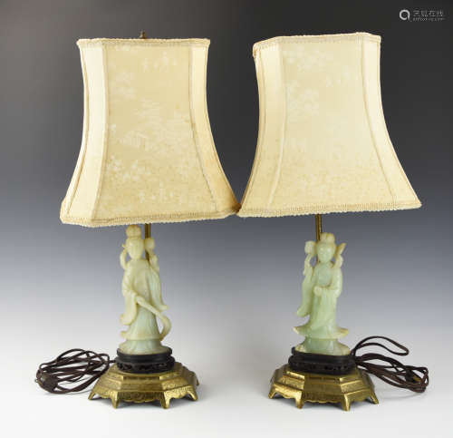 Pair of Chinese Jade Lamp of Guanyin