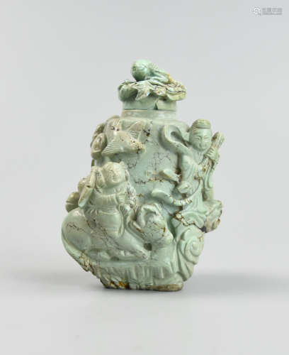 Chinese Turquoise Carved Bottle w/ Figures,Qing D.