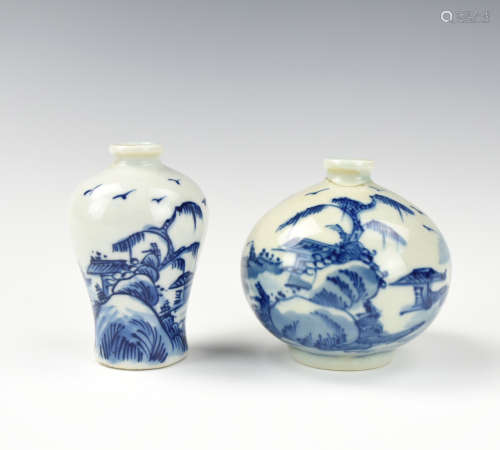 Two Chinese Blue & White Snuff Bottle w/ Landscape