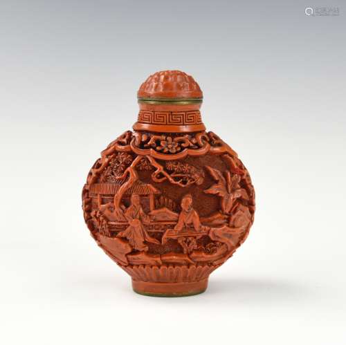 Chinese Carved Cinnabar Snuff Bottle, 19th C.