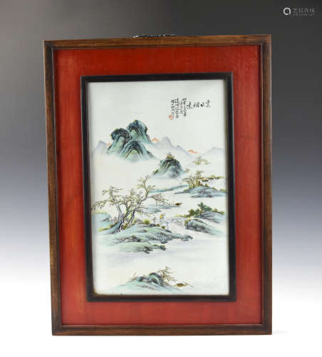 Chinese Frame Porcelain Plaque w/ Landscape, ROC P