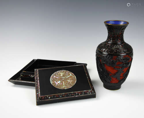 Chinese Lacquer Vase &MOP Inlaid Box & Tray,20th C