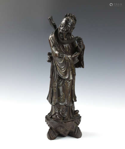 Chinese Carved Silver Inlaid Wood Figure, Qing D.