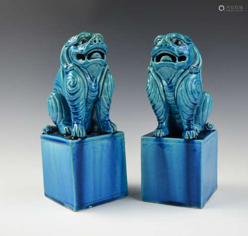 Pair of Chinese Turqouise Glazed Foo Lions, 20th C