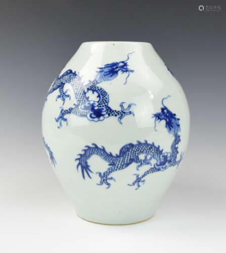Chinese Blue & White Dragon Vase, 19th C.