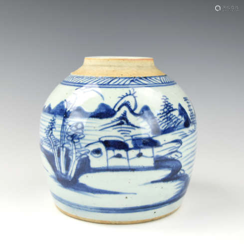 Chinese Blue & White Jar w/ Landscape, 19th C.