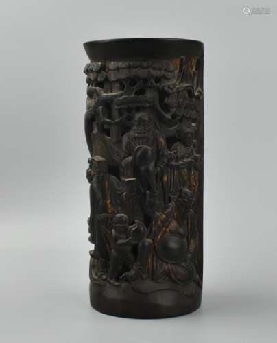 Chinese Carved Bamboo Brush Pot w/ Openwork Figure