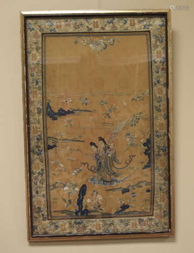Large Chinese Framed Embroidery w/ Diety, 19th C.