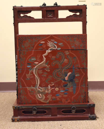 Large Chinese Red Lacquer Marriage Stack Box