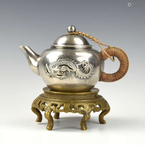 Silver 'Dragon & Phoenix' Teapot w/ Bronze Stand