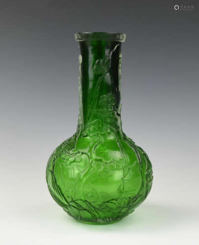 Chinese Green Glass Vase w/ Landscape,Qing D.