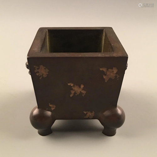 Chinese Bronze Square Censer With Gilt D…