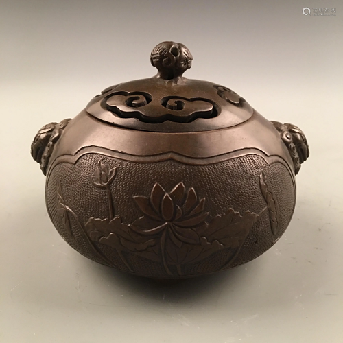 Chinese Bronze 'Lotus' Censor, Double Lion…