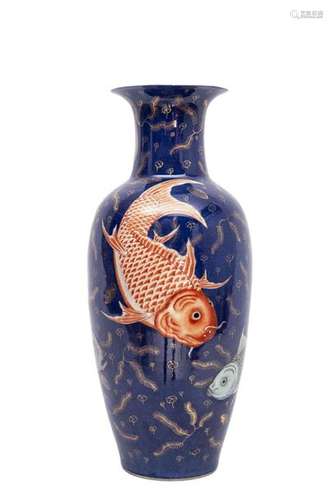 OVOID VASE IN POWDER BLUE PORCELAIN WITH FISH DECO…