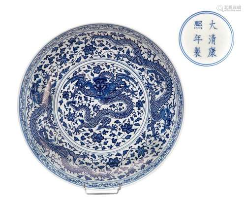 LARGE BLUE WHITE PORCELAIN DISH WITH DRAGONS DECOR…