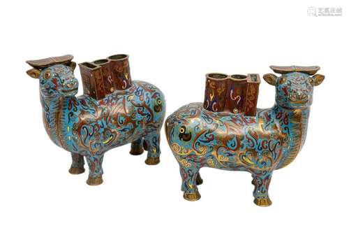 PAIR OF BUFFALOES IN CLOISONNES ENAMELS ON COPPER …