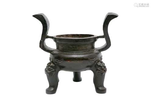 LARGE BRONZE TRIPOD PERFUME BURNER WITH BROWN PATI…