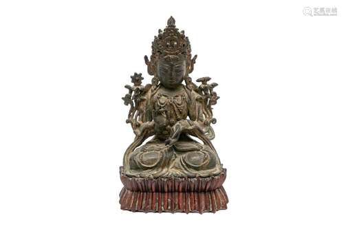 BRONZE SUBJECT WITH BROWN PATINA AND GUANYIN EFFIG…