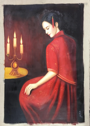 Chinese 'Bride' Oil Painting, Zhu Yiyong Sign…