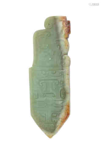 AN ARCHAISTIC CELADON JADE CARVING OF A KNIFE / BL…