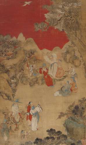 Guan Jiusi, inscribed. C. 1800: A Chinese scroll depicting the eight Immortals and acolytes in mountainous landscape. Silk mounted on paper. 135 x 80 cm.