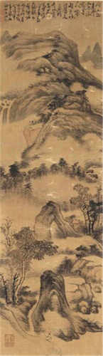 Wang Wen, ascribed to: Mountainous landscape with figures and buildings, poetry and seal mark for Wang Wen. Silk mounted on paper. Image 121 x 36 cm.