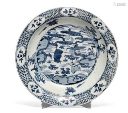 A Chinese Wanli porcelain bowl decorated in underglaze blue, roundel with animals in landscape.  Ming  1368-1644. Diam. 38 cm.