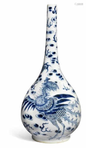 A Chinese bottle vase with slender neck decorated in underglaze blue with four clawed dragon and the phoenix bird.