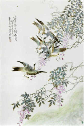 Lu Yunshan: A Chinese enamelled porcelain plaque painted with birds and poetry. 38.5 x 24.5 cm.