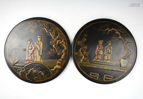 Pair Japanese Painted Lacquer Wooden Plaque,20th C