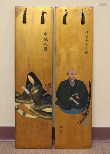Pair of Japanese Gilt Wood Panel w/ Figures,19th C