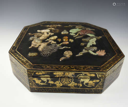 Chinese Gilt Lacquer Cover Box Inlaid Jade ,20th C