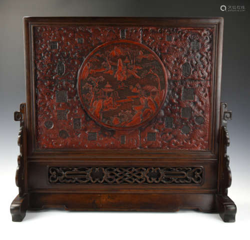 Chinese Carved Lacquer Screen w/ Landscape, 19th C