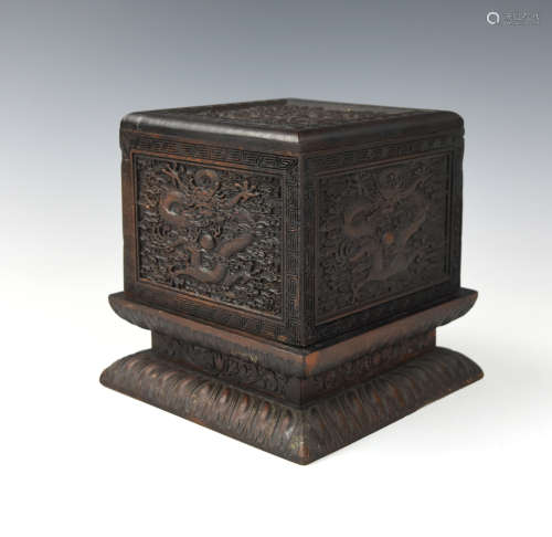 Chinese Rosewood Carved Seal Box w/ Dragon