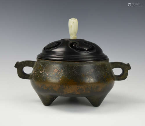 Chinese Bronze Ear Censer and Wooden Cover,Qing D