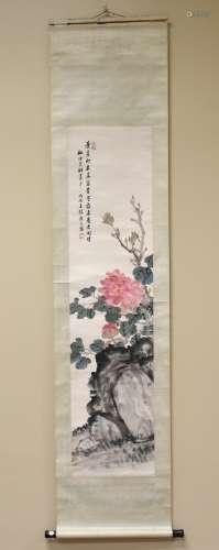 Chinese Painting of Peony & Calligraphy, Qing D.