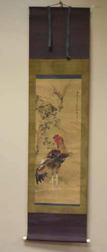 Antique Chinese Painting of Rooster & Rock,19th C.