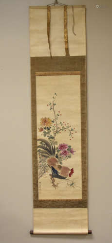 Antique Japanese Painting w/ Rooster&Chrysanthemum