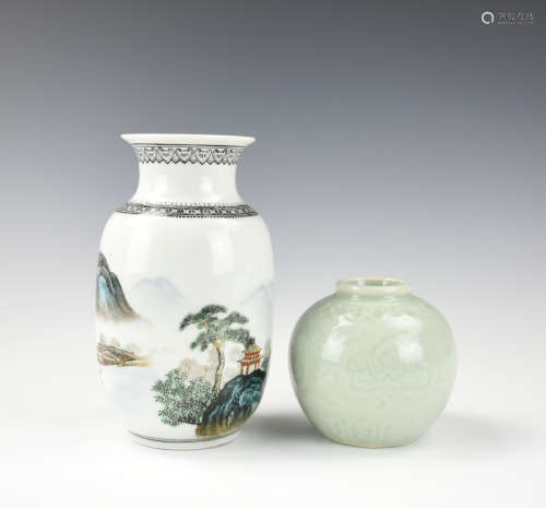 Chinese Famille Rose Vase &Celadon Glaze Jar,1950s