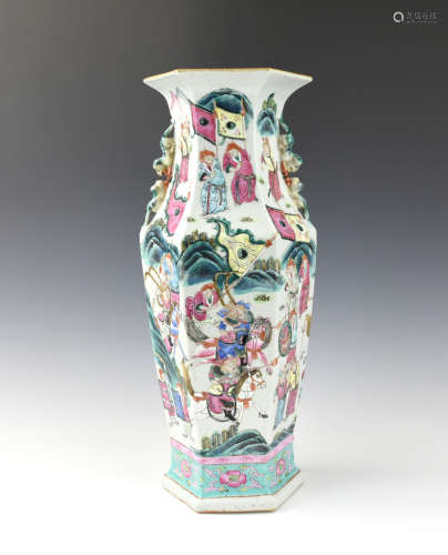 Large Chinese Famille Rose Hexagonal Vase ,19th C.