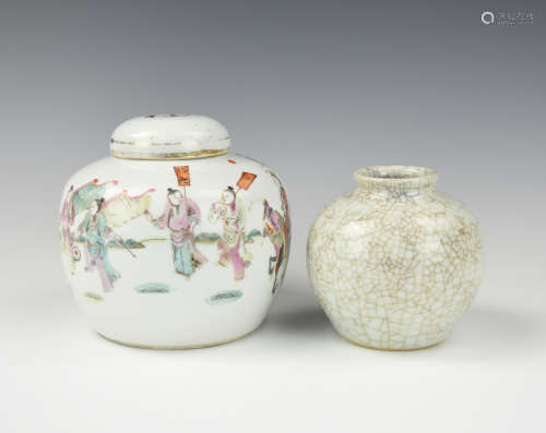 Chinese Famille Rose Jar & Cover and Ge Glazed Jar